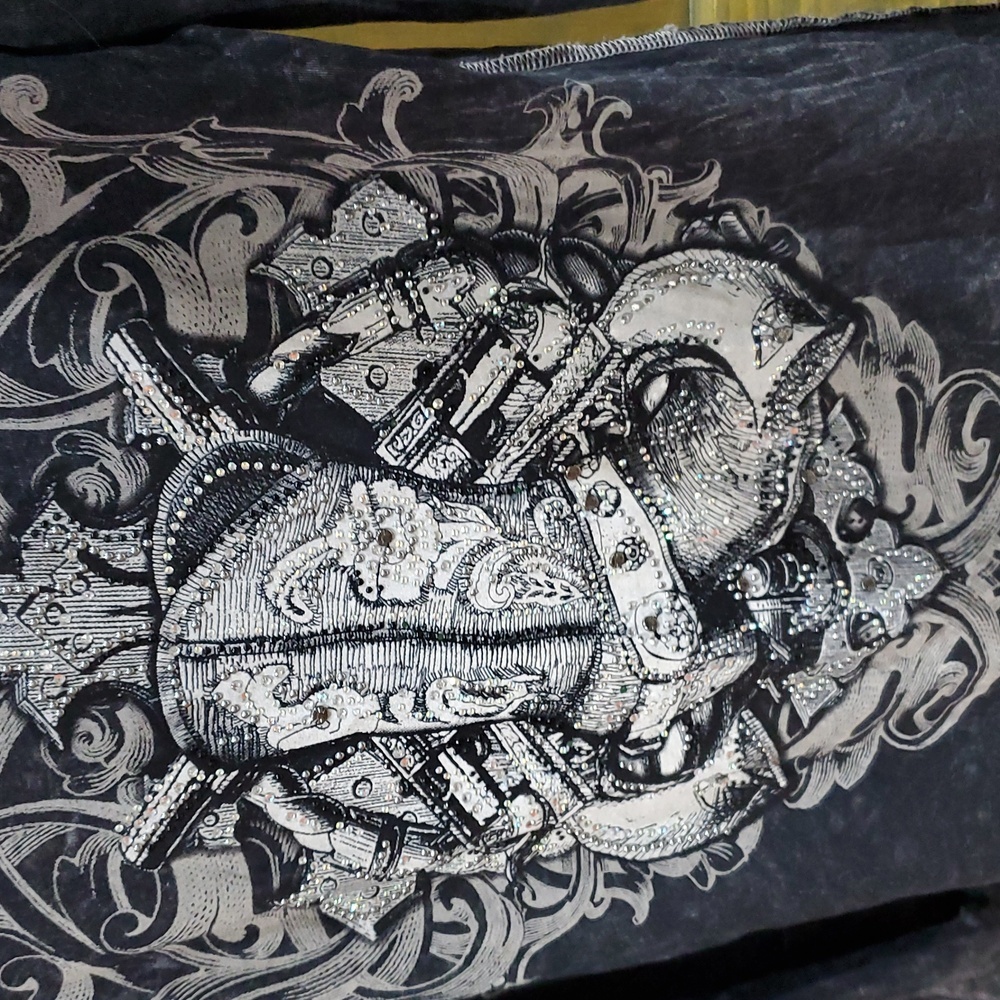 Vocal Charcoal VNeck Bling Long Sleeve Shirt Fleur De Lis Cowboy Boot Gun Pistol - Picture 3 of 7